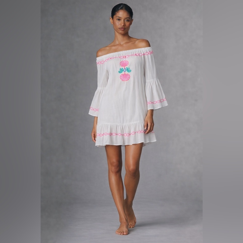 #1 🌷Lilly Pulitzer White Off-Shoulder Swim Cover-Up with Pink Embroidery